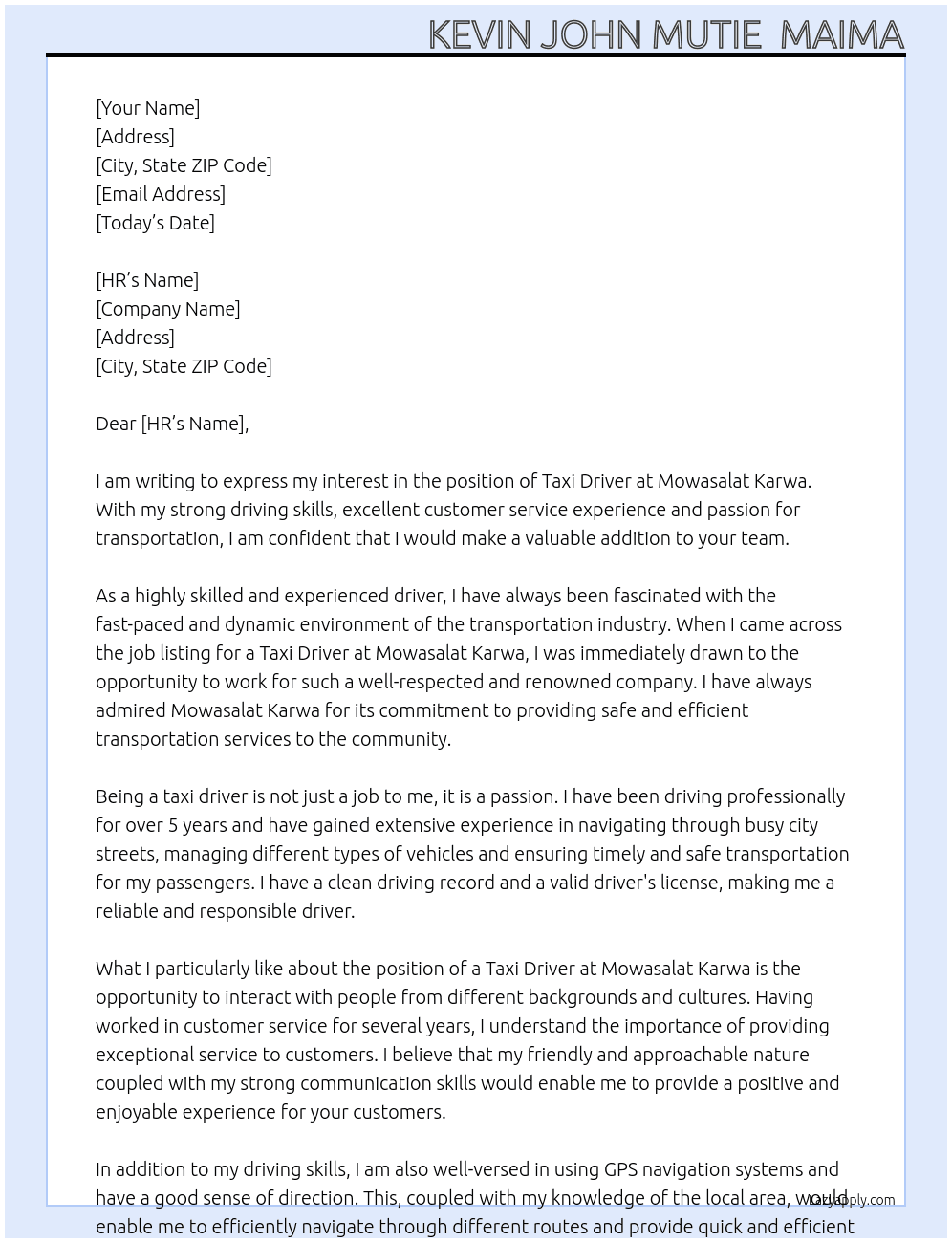 taxi driver At Mowasalat Karwa Cover Letter