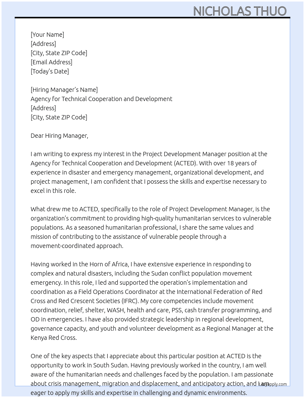 Project Development Manager  At Agency for Technical Cooperation and Development  Cover Letter