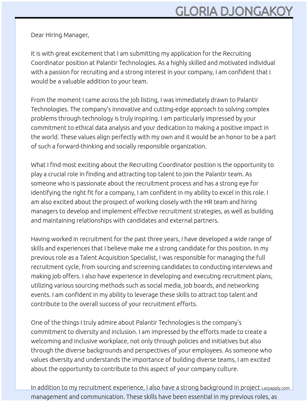 Recruiting Coordinator At Palantir Technologies Cover Letter