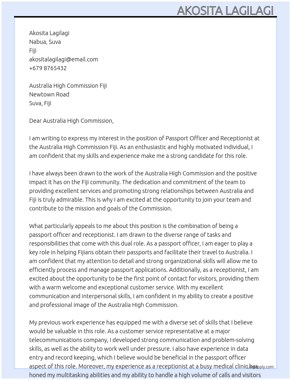 Passport Officer and Receptionist  At Australia High Commission Fiji Cover Letter