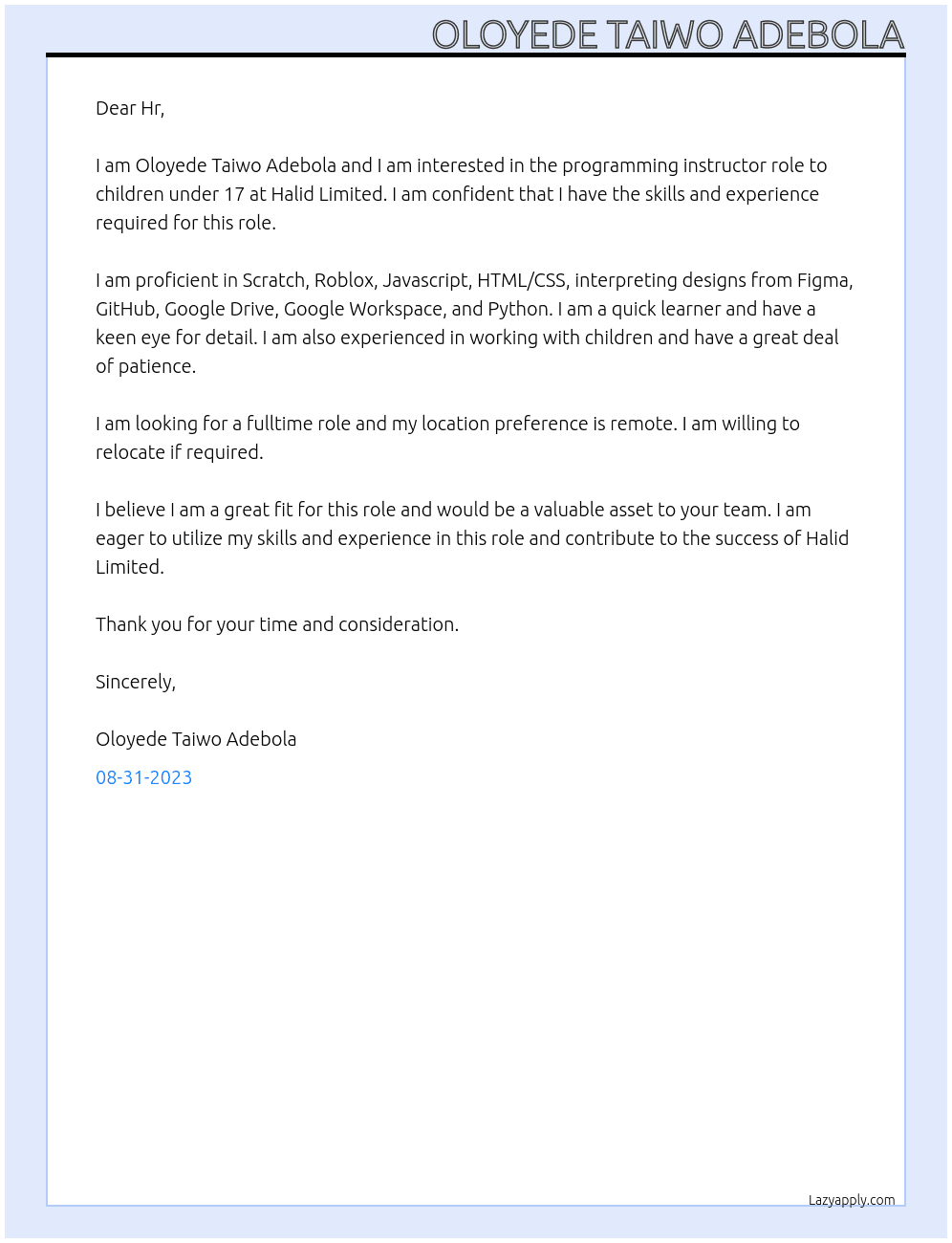 programming instructor to chidlren under 17 At Halid Limited Cover Letter