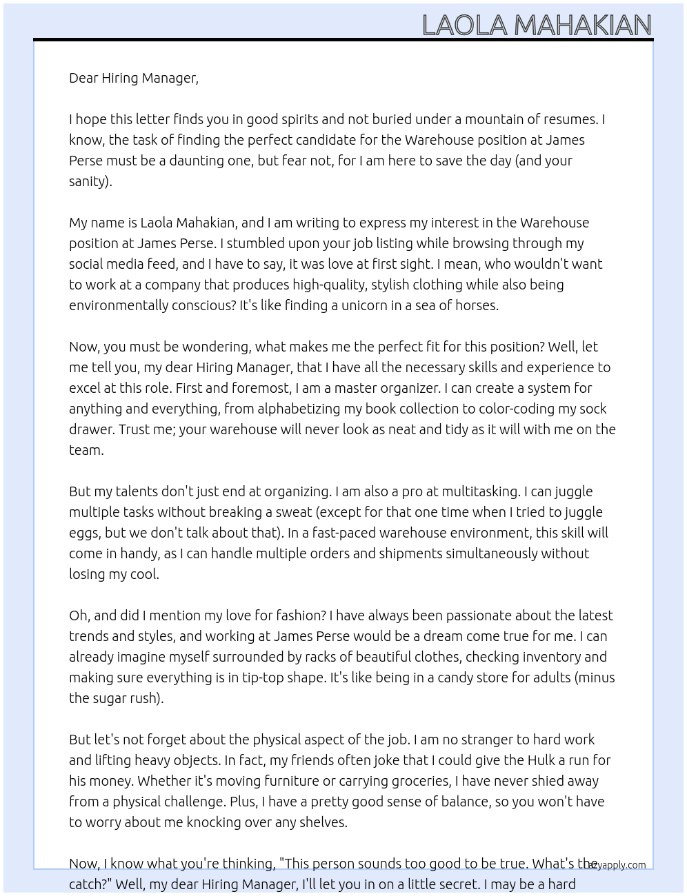 Warehouse At James Perse Cover Letter