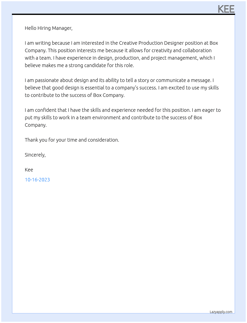 Creative Production Designer  At Box Company  Cover Letter