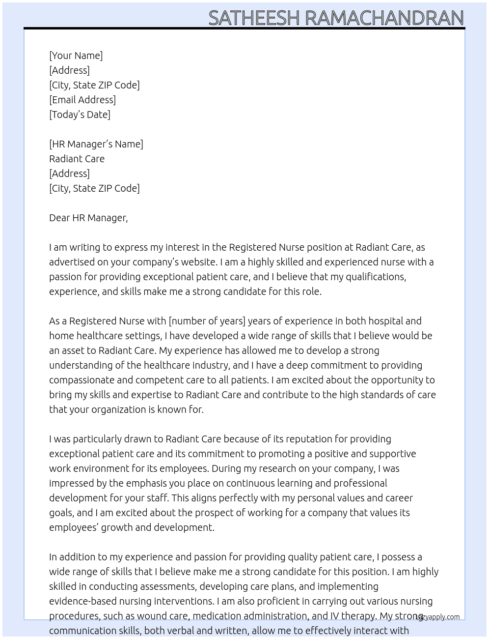 Registered Nurse At Radiant Care Cover Letter