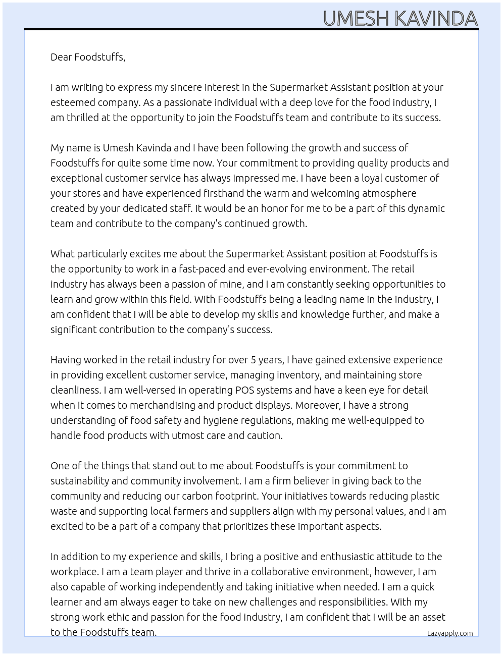 Supermarket Assistant At Foodstuffs Cover Letter