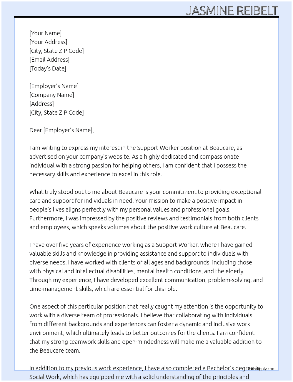 Support Worker At Beaucare Cover Letter