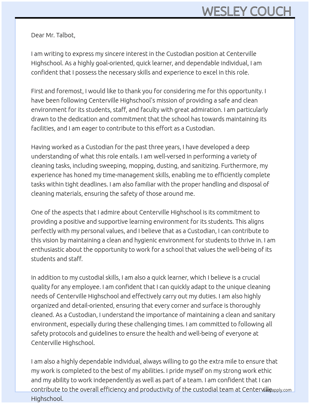 Custodian At Centerville Highschool  Cover Letter