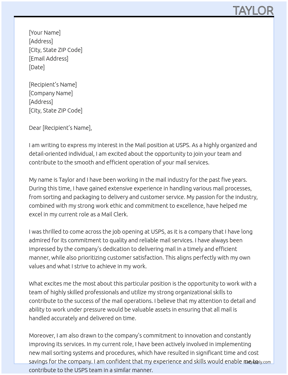 mail At usps Cover Letter