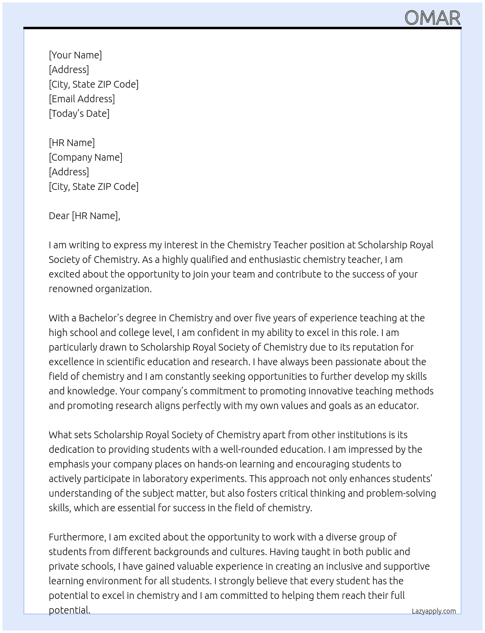 Chemistry teacher  At Scholarship Royal Society of chemistry Cover Letter