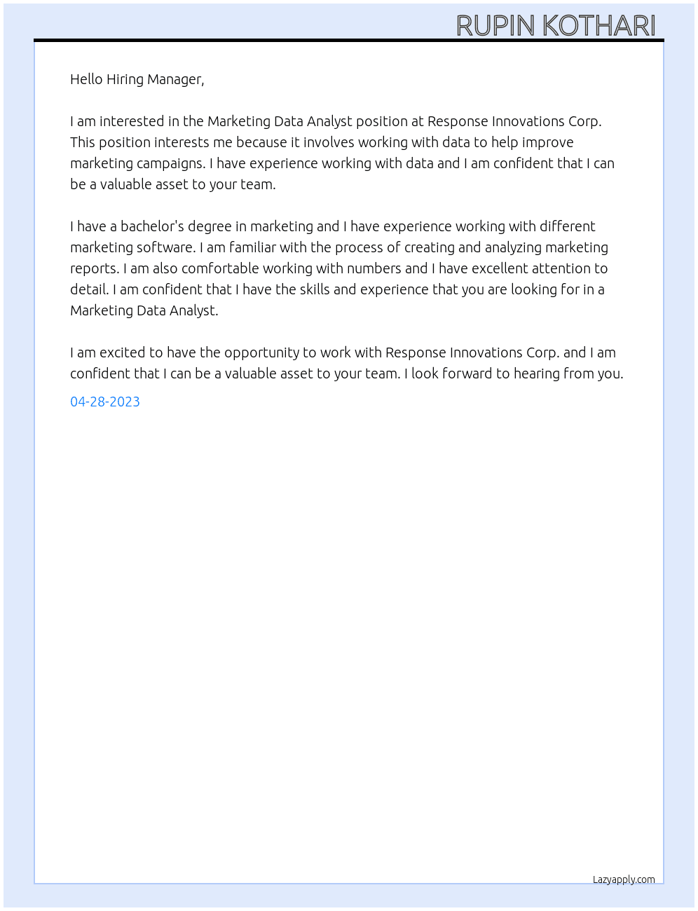 Marketing Data Analyst At Response Innovations Corp. Cover Letter