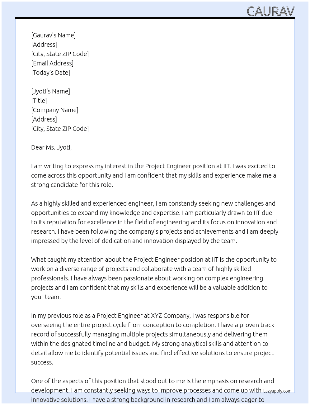 Project engineer At IIT Cover Letter