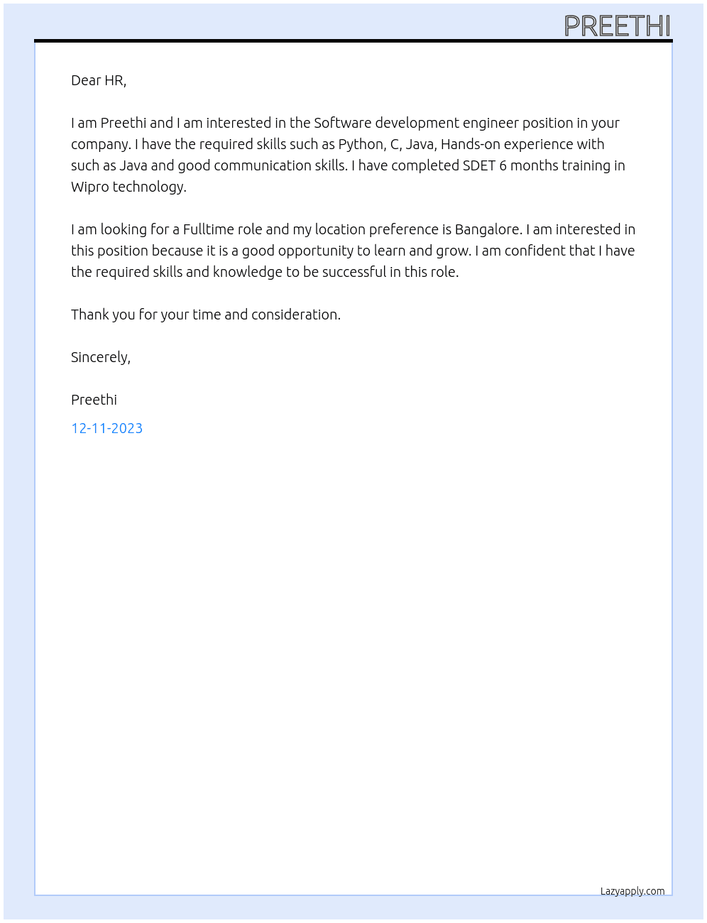 Software development engineer At TESCO Cover Letter