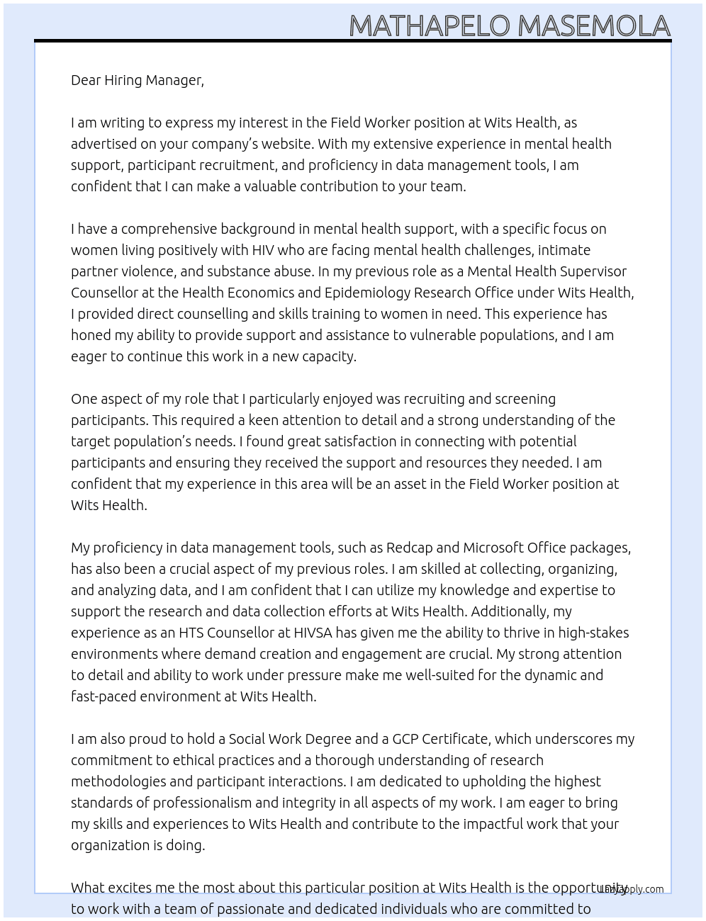 field worker  At Wits Health  Cover Letter