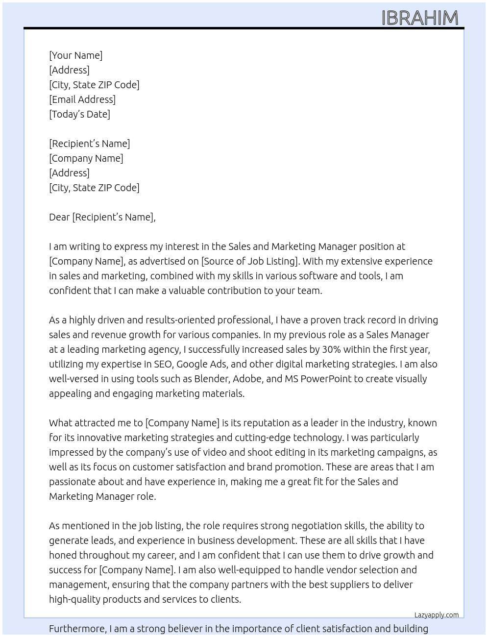 Sales and marketing manager  At X Cover Letter