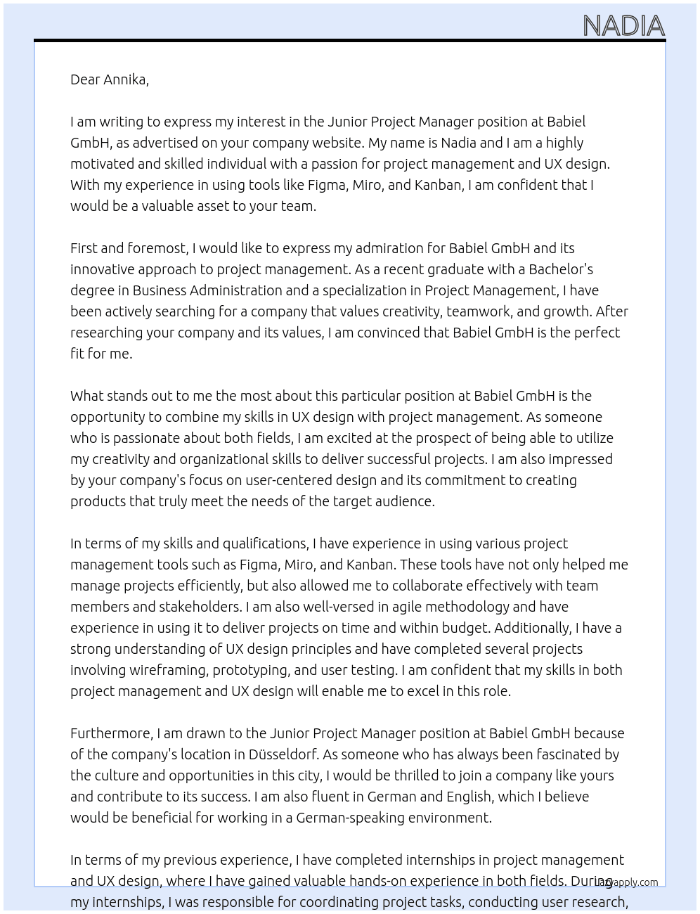 Junior Project Manager At Babiel GmbH Cover Letter