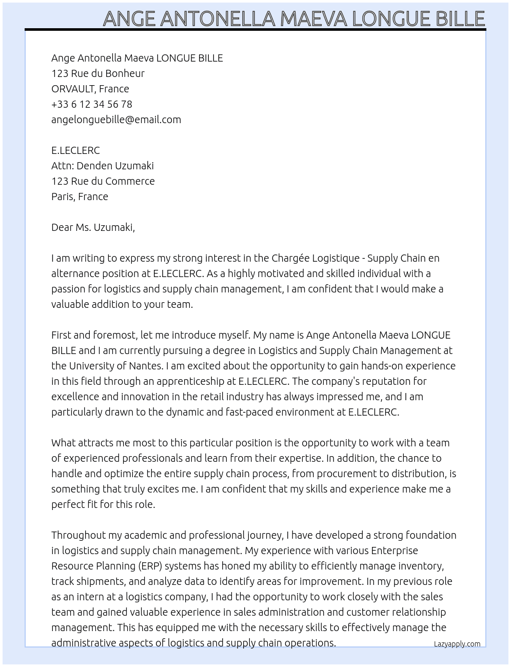 Chargée Logistique - Supply Chain en alternance At E.LECLERC Cover Letter