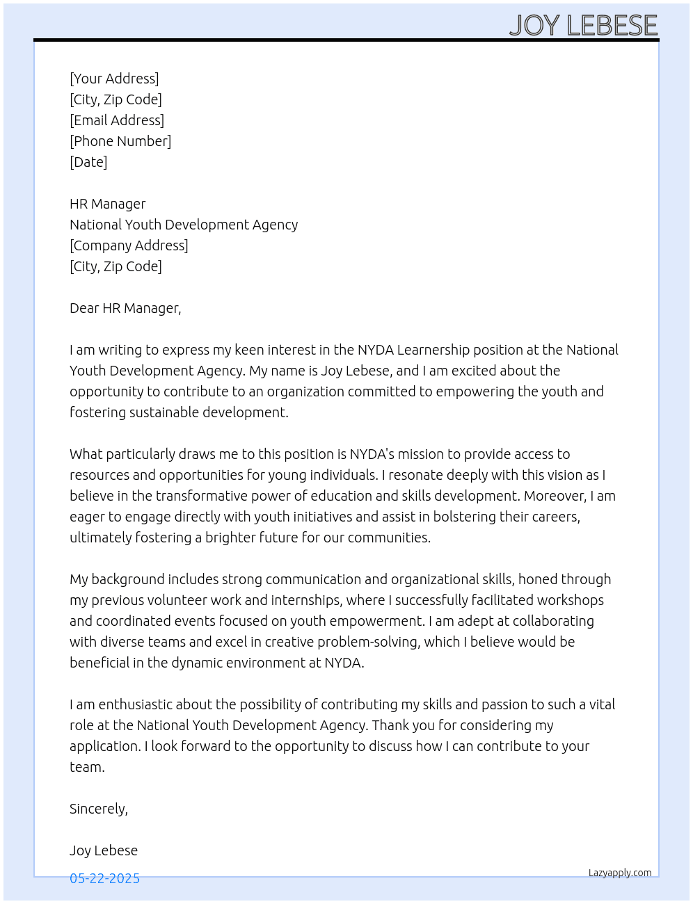 NYDA Learnership At National Youth Development Agency Cover Letter