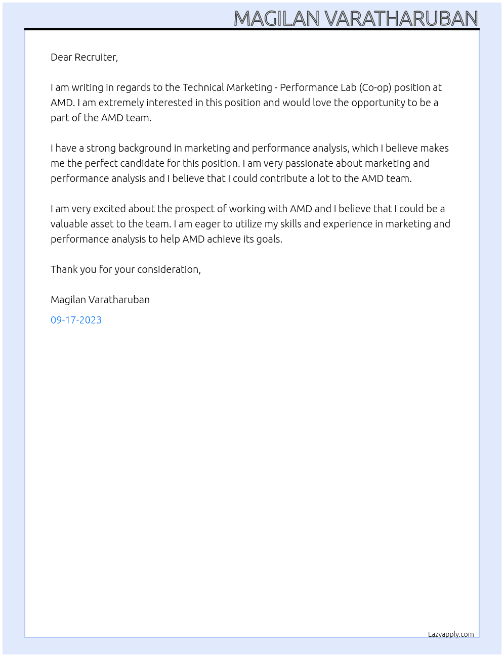 Technical Marketing - Performance Lab (Co-op) At AMD Cover Letter