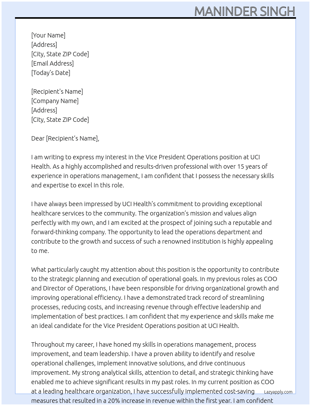 Vice President Operations At UCI health Cover Letter