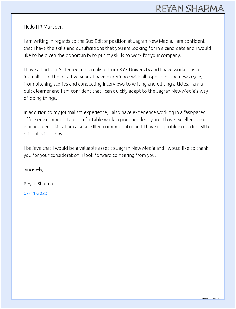 Sub Editor At Jagran new media Cover Letter