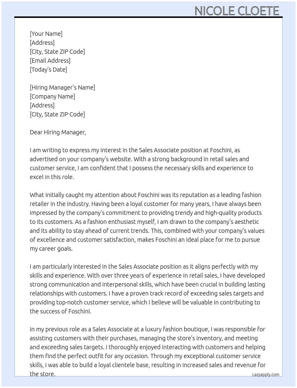 Sales associate At Foschini Cover Letter