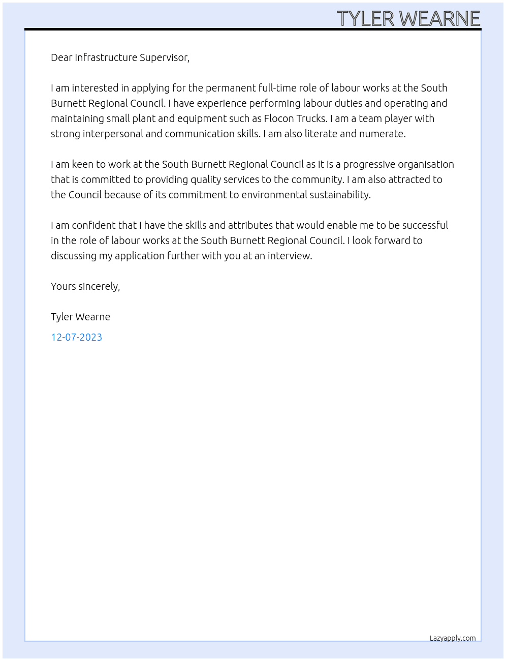 Labour works At South Burnett Regional Council  Cover Letter