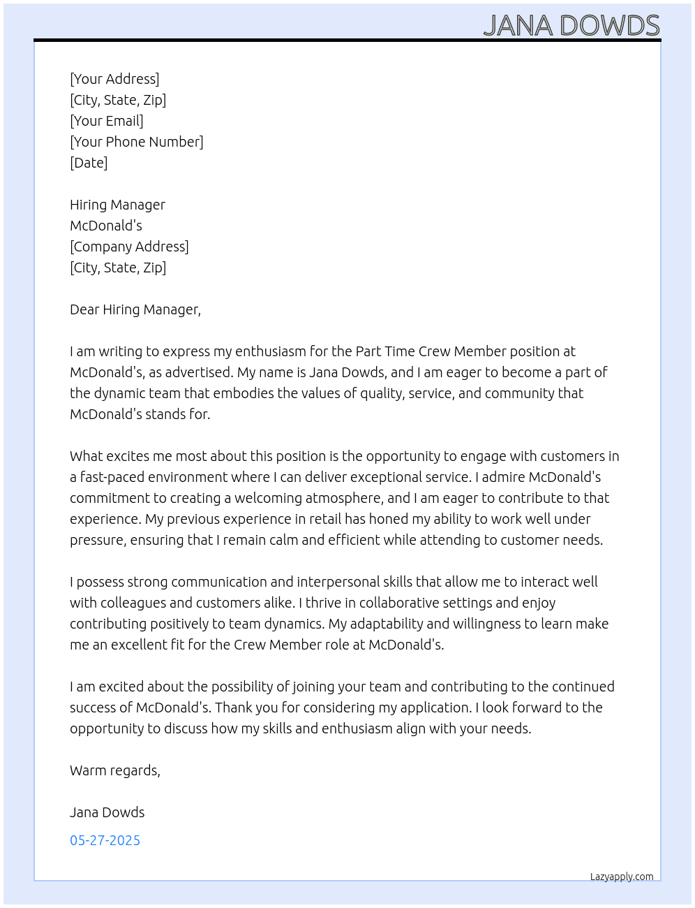 Part Time Crew Member at Mcdonald's At Mcdonald's Cover Letter