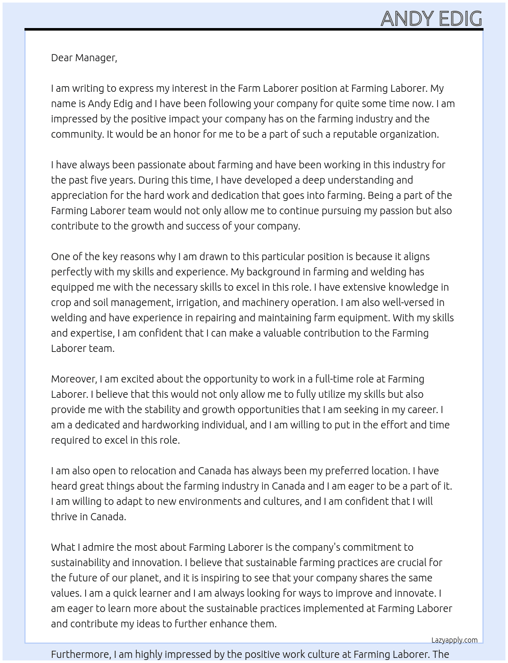 Farm leborer At Farming laborer Cover Letter