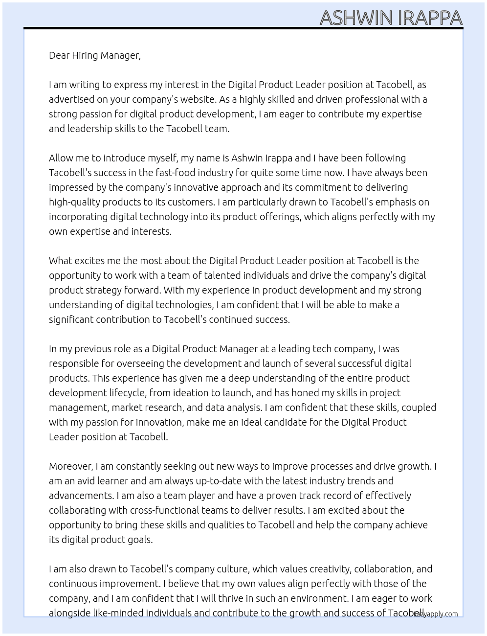 DIgitial product leader At Tacobell Cover Letter