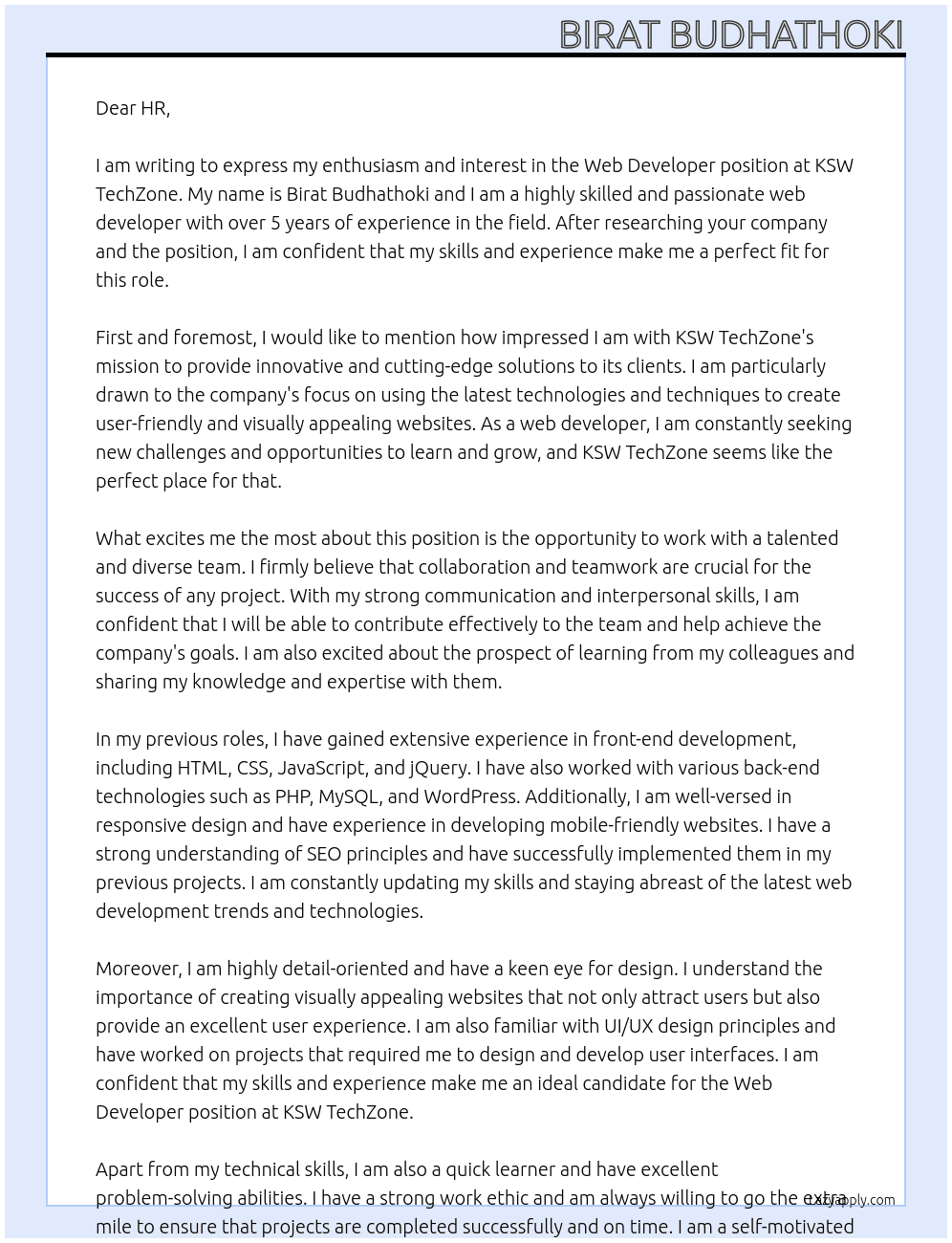 Web developer At KSW TechZone Cover Letter