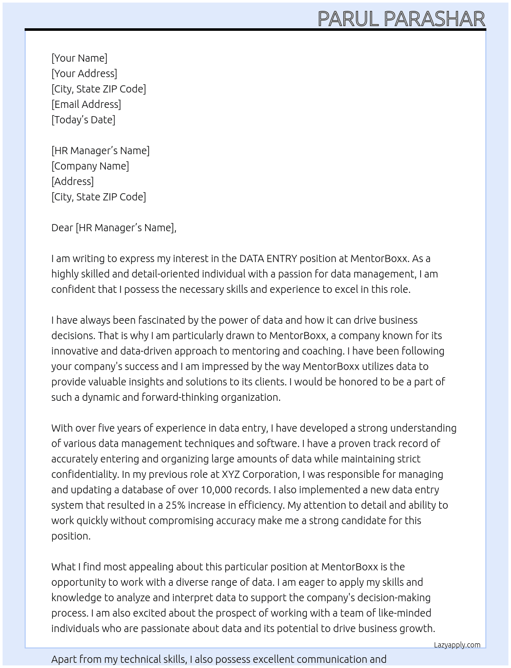 DATA ENTRY  At MentorBoxx Cover Letter