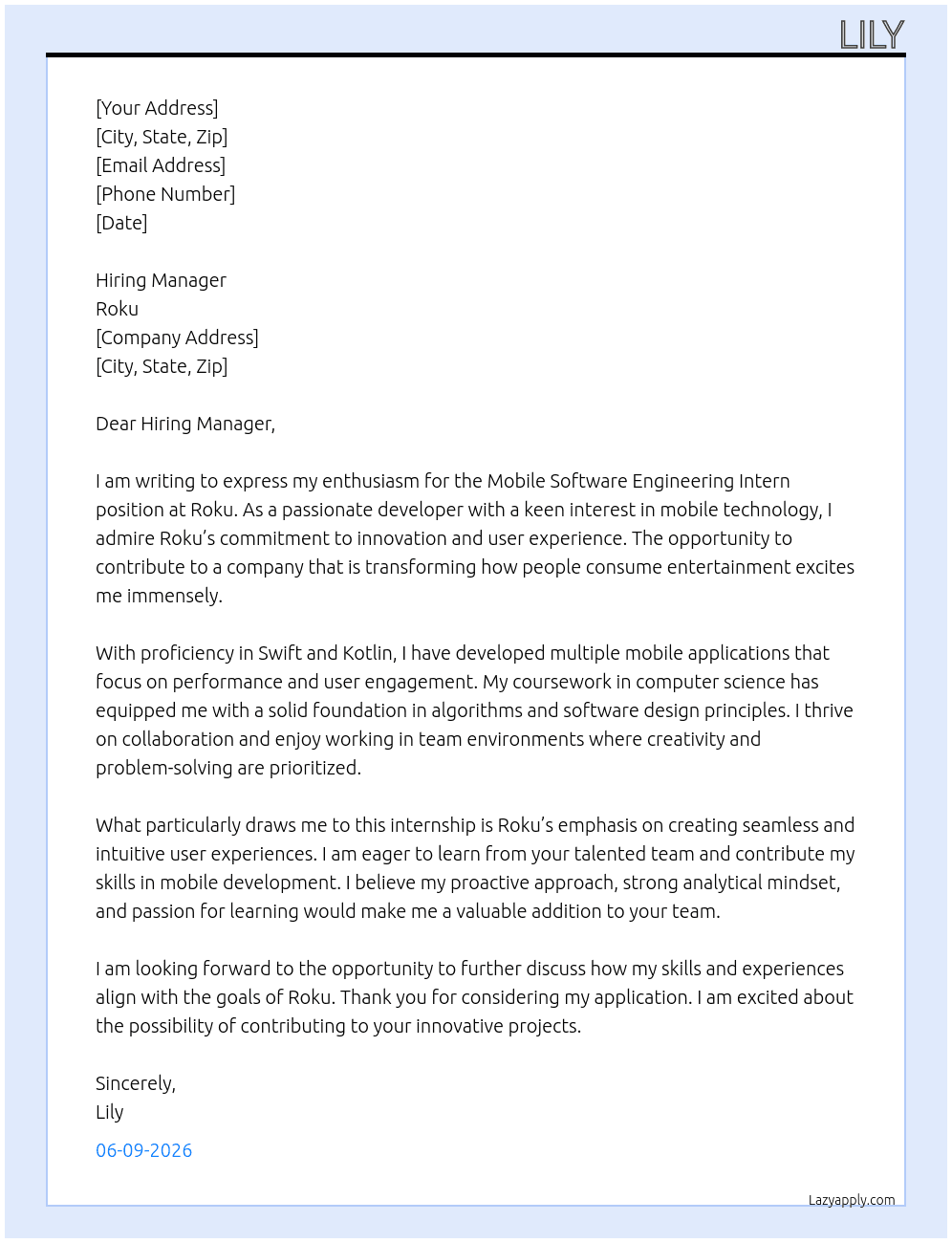 Mobile Software Engineering Intern At Roku Cover Letter