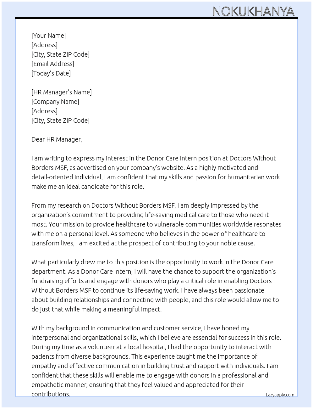 Donor Care Intern At Doctors Without Borders MSF Cover Letter