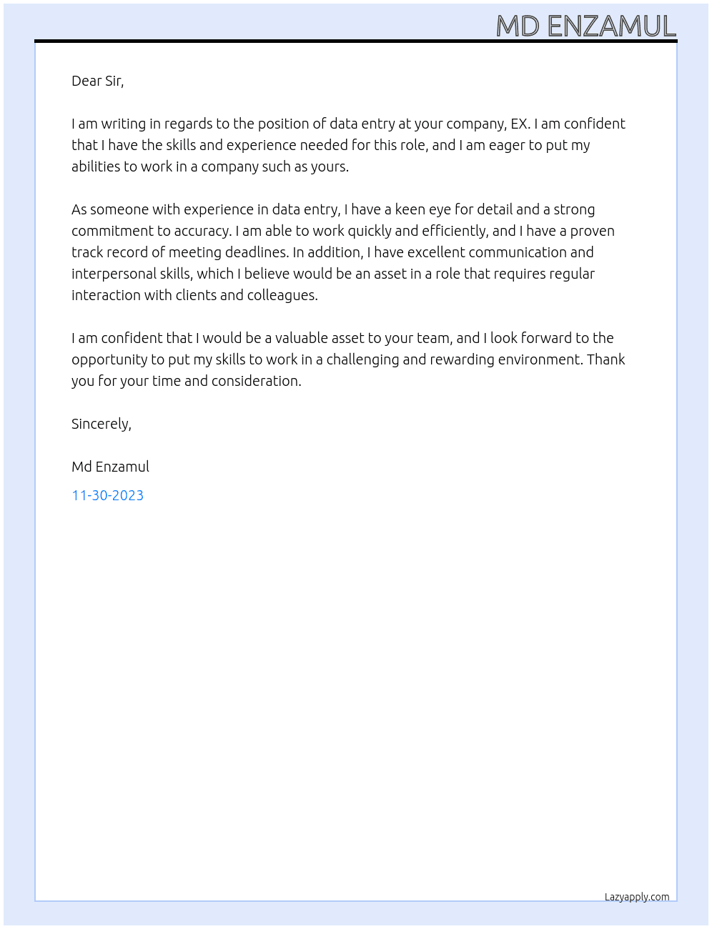 data entry At ex Cover Letter