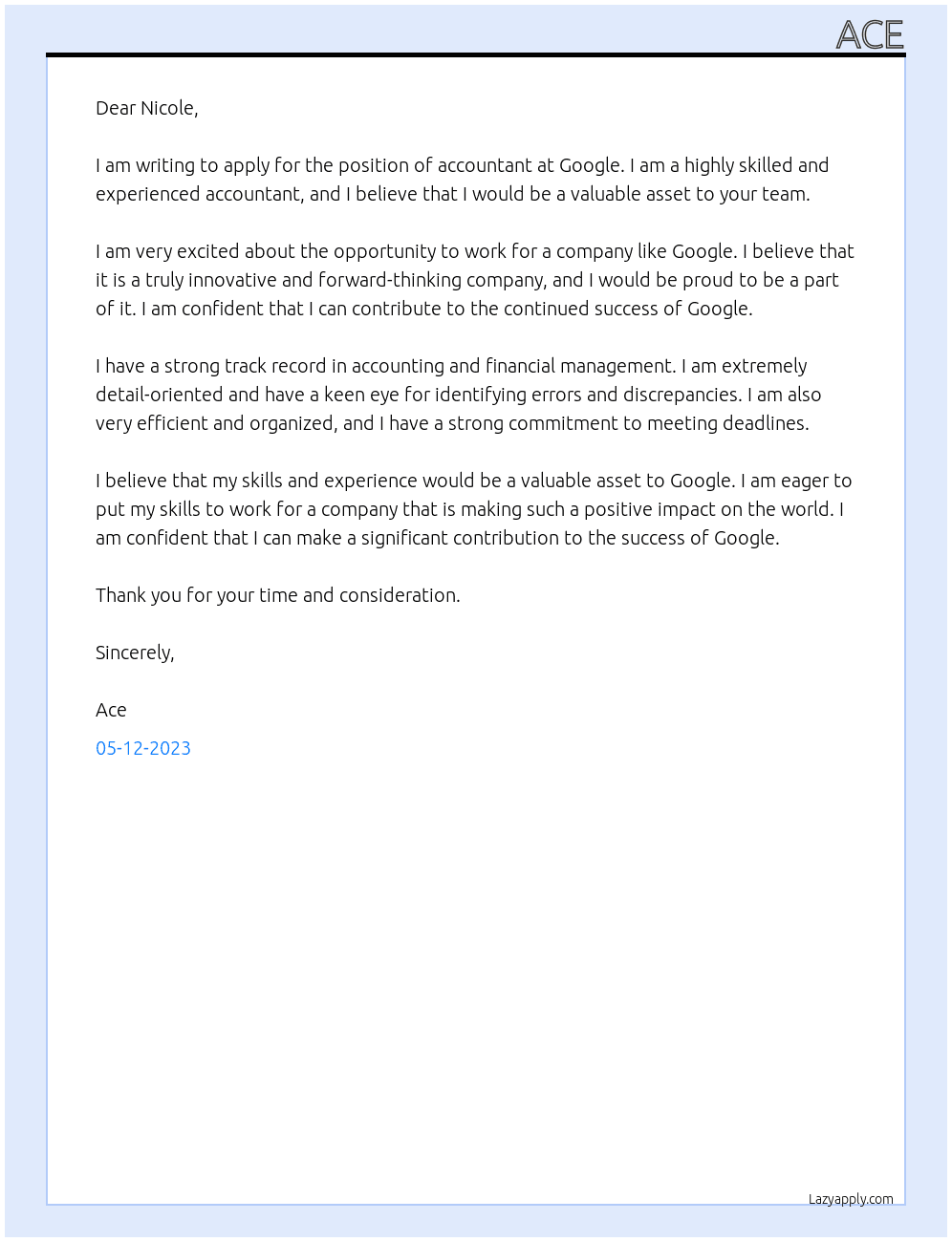 Accountant  At Google​ Cover Letter