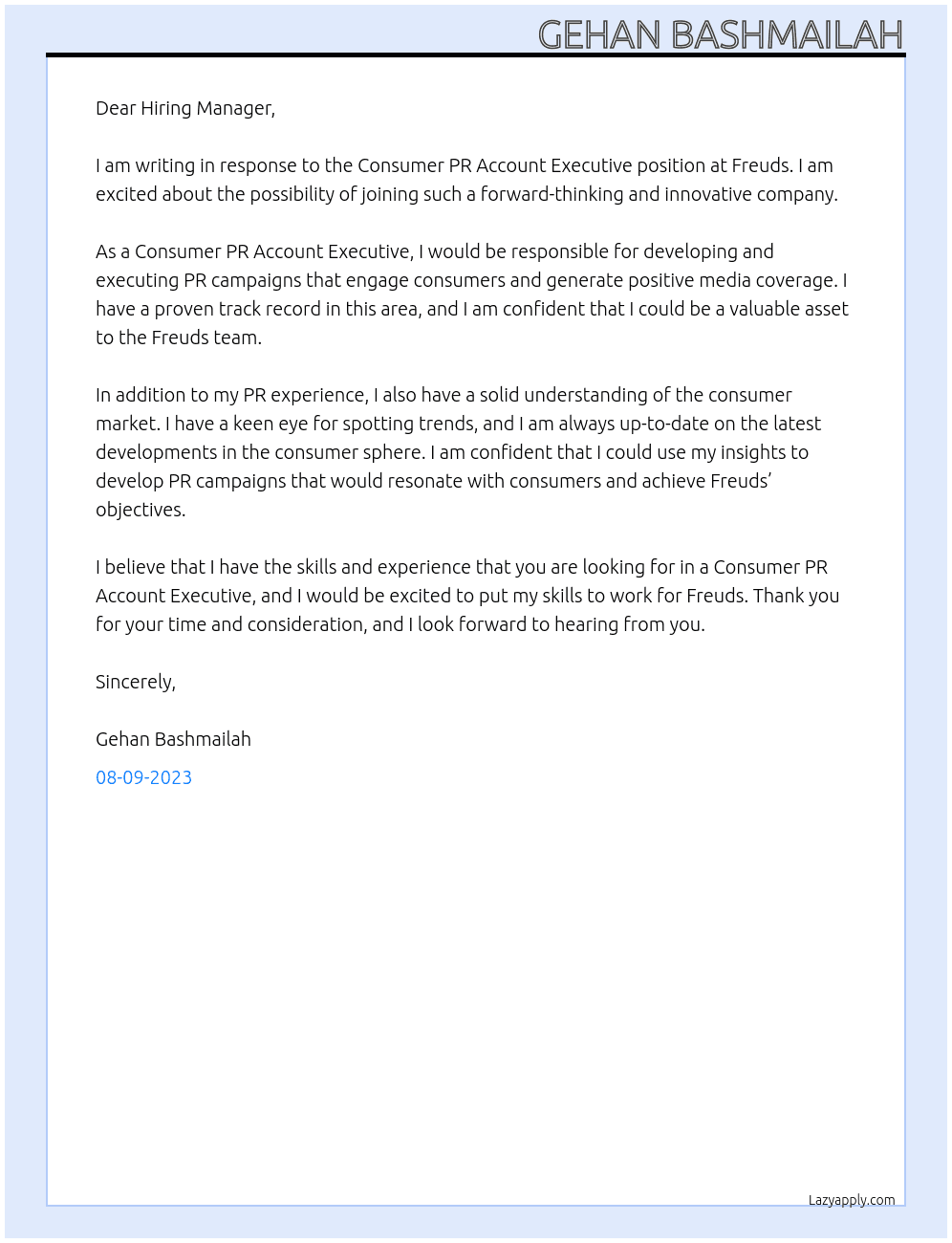 Consumer PR Account Executive At Freuds Cover Letter