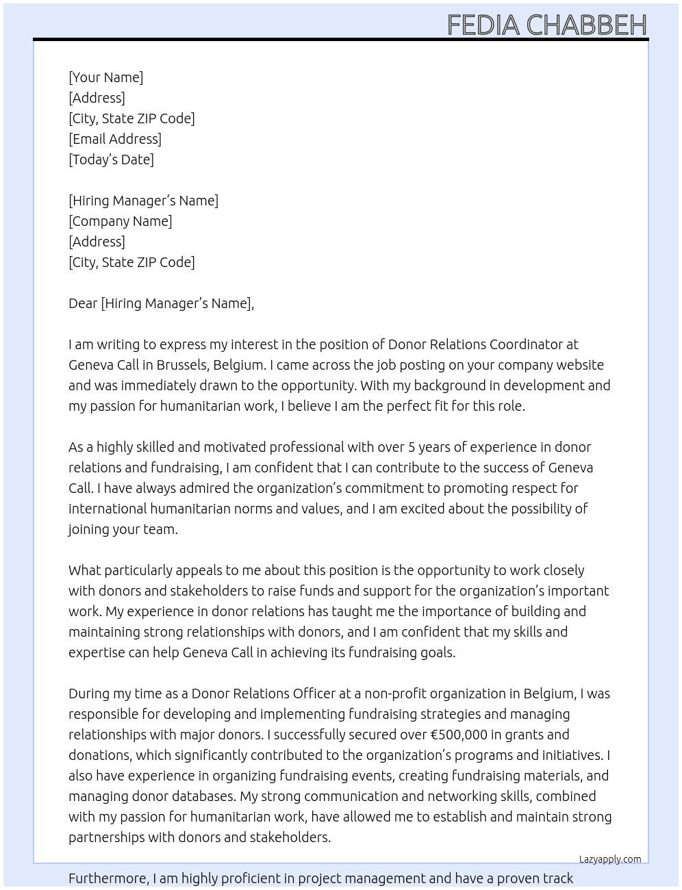 Donor Relations Coordinator – Brussels, Belgium At Geneva Call Cover Letter