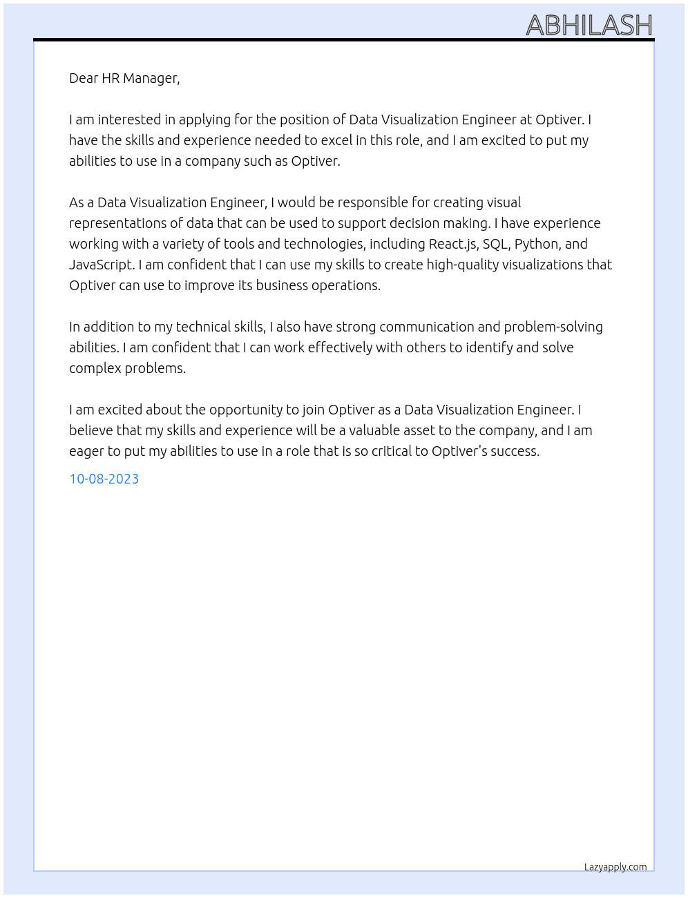 Data Visualtization Engineer At Optiver Cover Letter