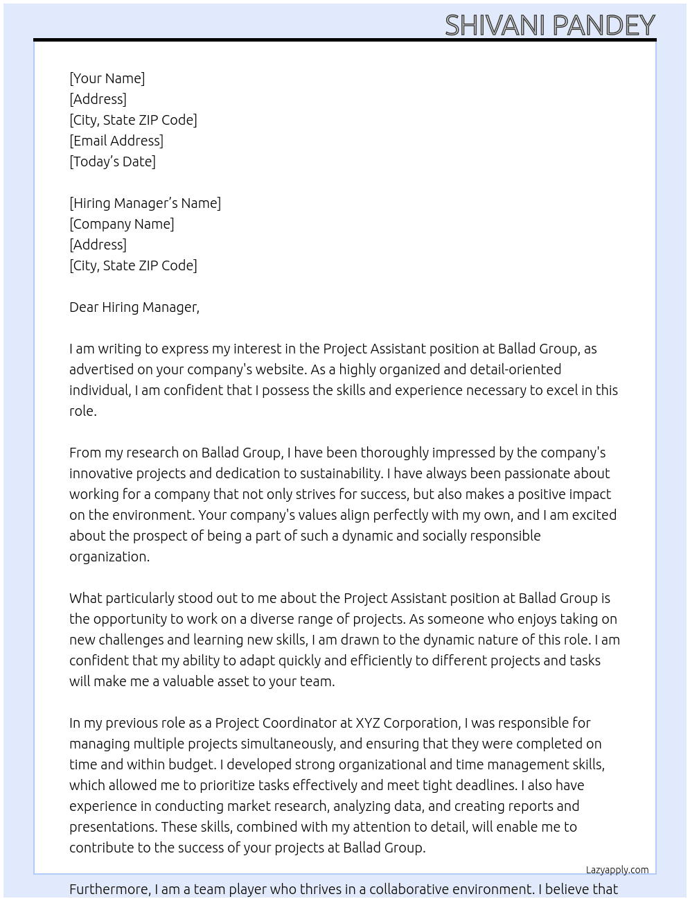 Project Assistant At Ballad Group Cover Letter