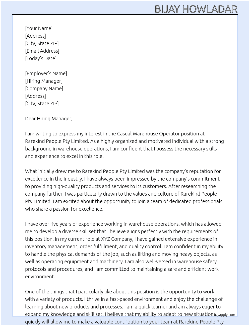 Casual warehouse operators At Rarekind People Pty Limited Cover Letter