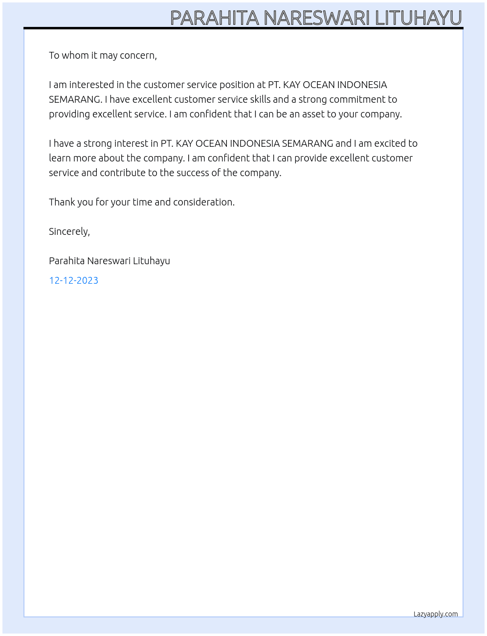 Customer Service  At PT. KAY OCEAN INDONESIA SEMARANG Cover Letter