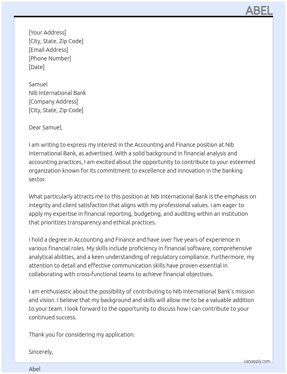 Accounting and Finance  At Nib international bank Cover Letter