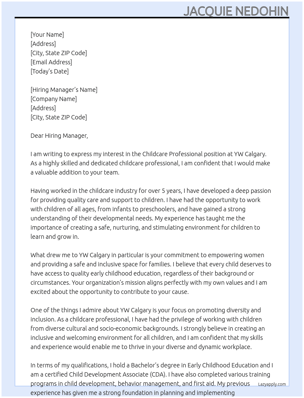 Childcare Professional At YW Calgary Cover Letter