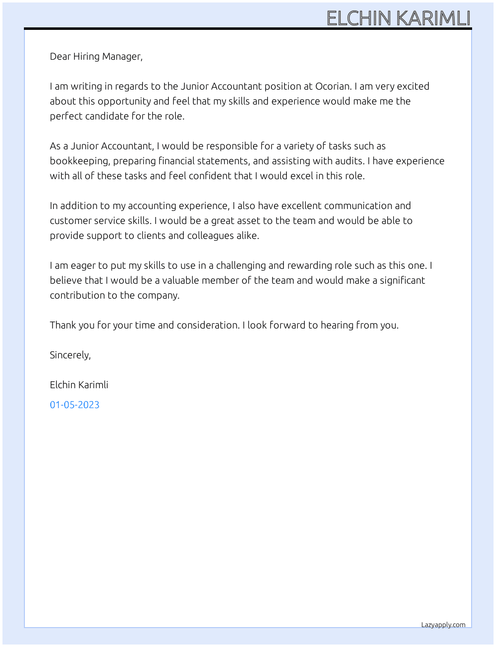 Junior Accountant At Ocorian Cover Letter