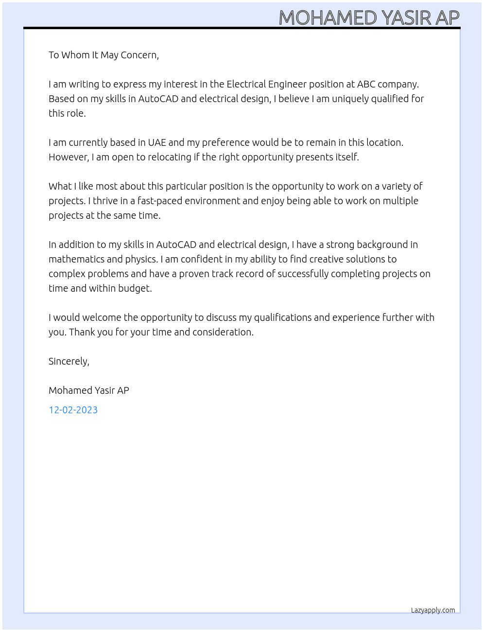 Electrical Engineer At ABc company Cover Letter
