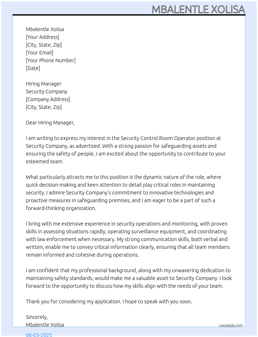 Security control room operator At Security company Cover Letter
