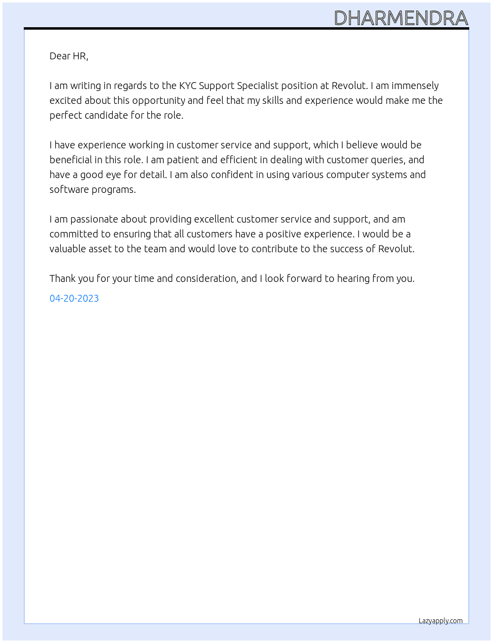  KYC Support Specialist At Revolut Cover Letter