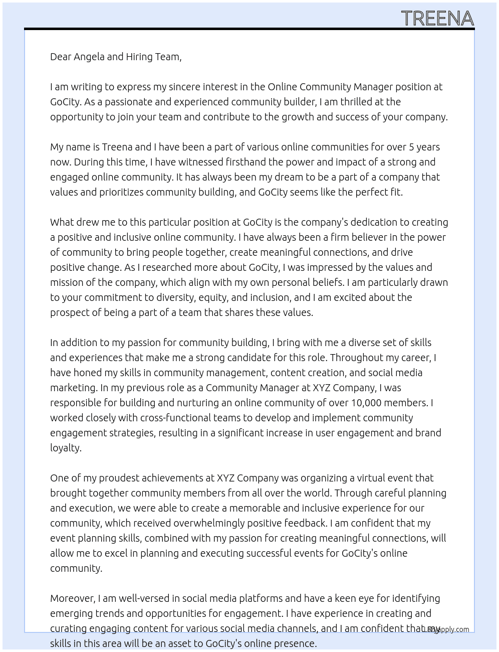 Online Community Manager At GoCity  Cover Letter