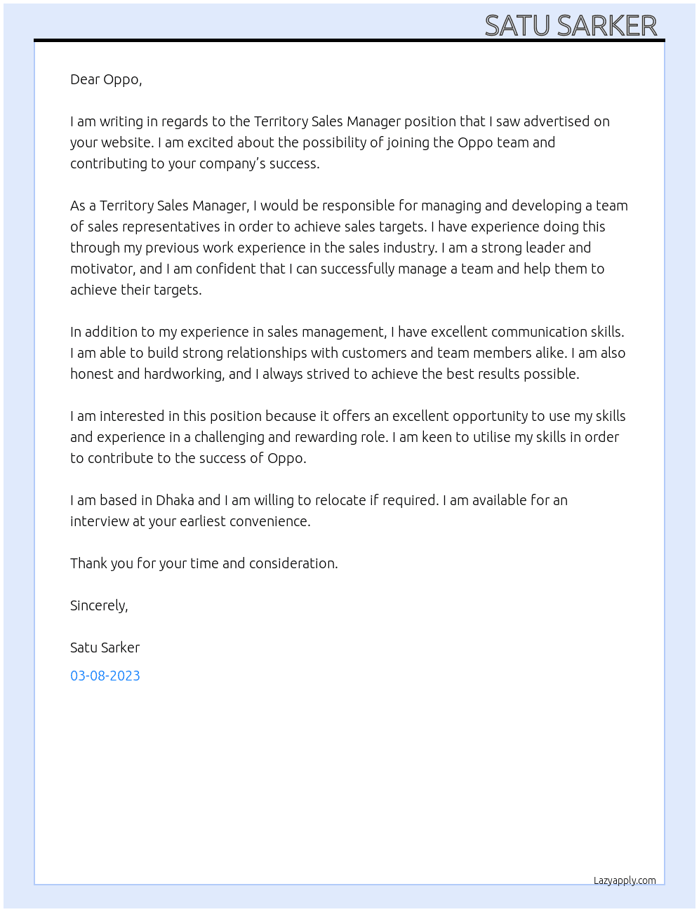 Territory Sales manager  At Oppo Cover Letter