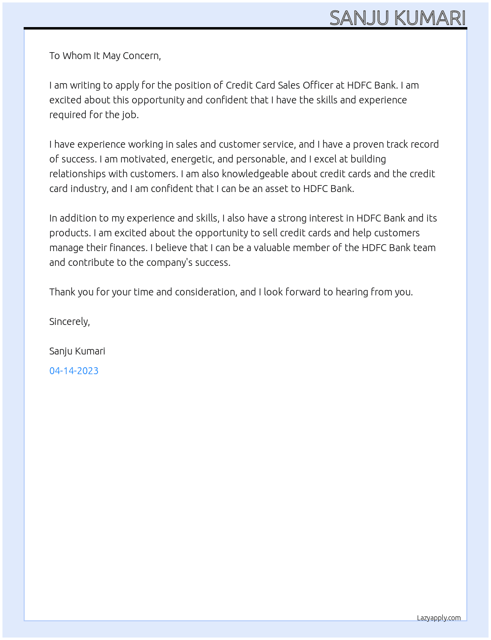 Credit Card Sales Officer At HDFC Cover Letter